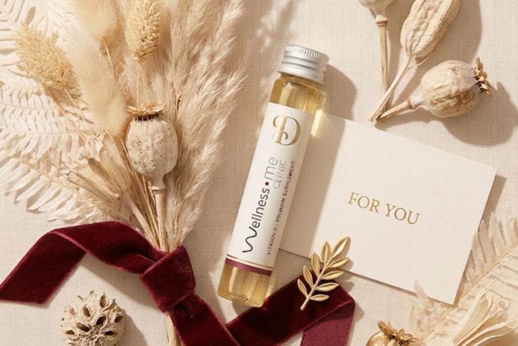 wellnessme-A styled flat lay Vitamin D vial dered gift not a clinical transaction
