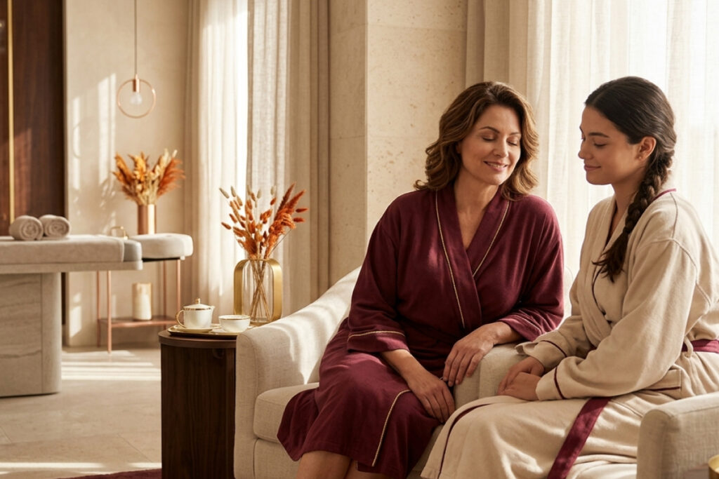 wellnessme-A woman aged 40-55 in a spa-style wellness setting, relaxed, her daughter seated beside her Medium wide peaceful expression