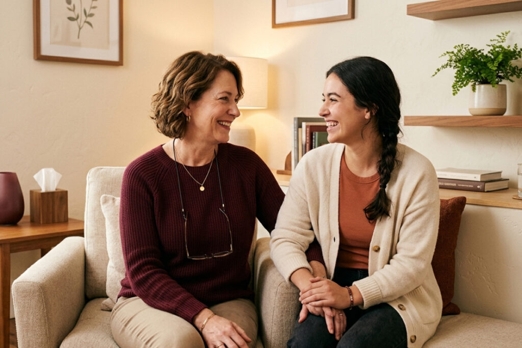 wellnessme-Mother and daughter seated beside intimate and unposed Establish the emotional core the gift that requires presence, not purchase